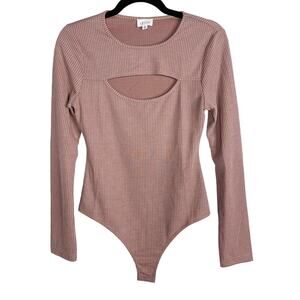 New Le Lis Collection Large Mauve Pink Ribbed Cut Out Long Sleeve Bodysuit Thong